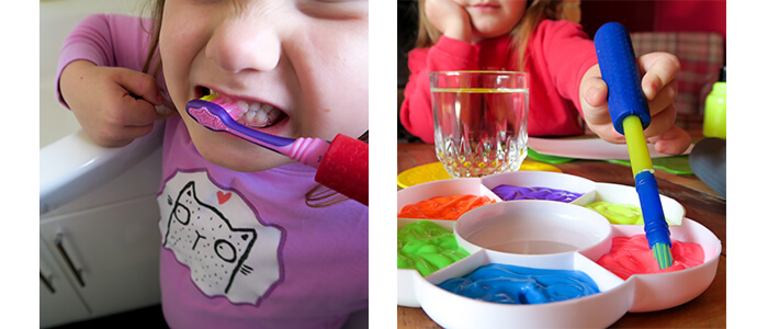 Children's Cutlery Grips on Paintbrush and Toothbrush in use