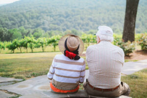 Elderly couple sitting on a bench in a scenic countryside vineyard, enjoying nature and peaceful retirement.